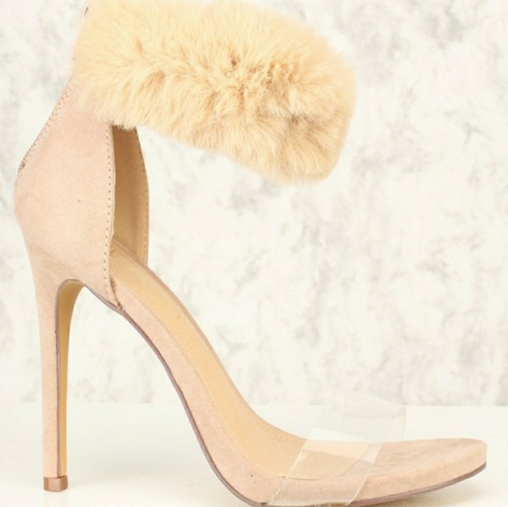 🆕 Sueded Nude Faux Fur Ankle Clear Strap Heels